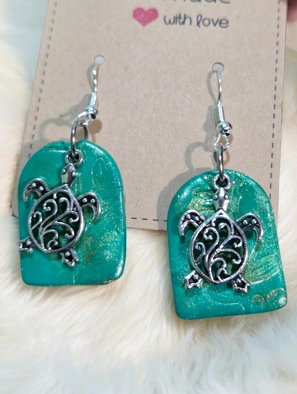 Handmade Teal Turtle Dangle Earrings - Picture 2 of 2